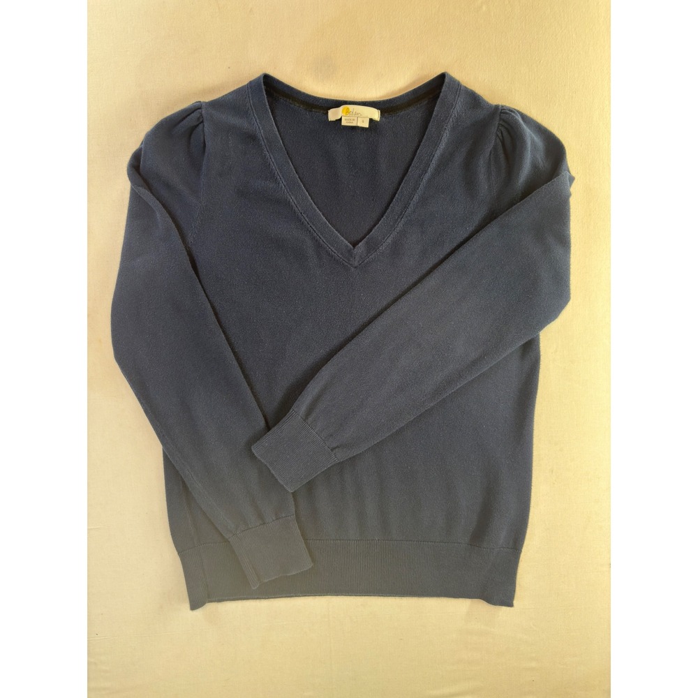 Boden Women Navy Blue V-Neck Puff Shoulder Cotton Blend Sweater K0510 Size S